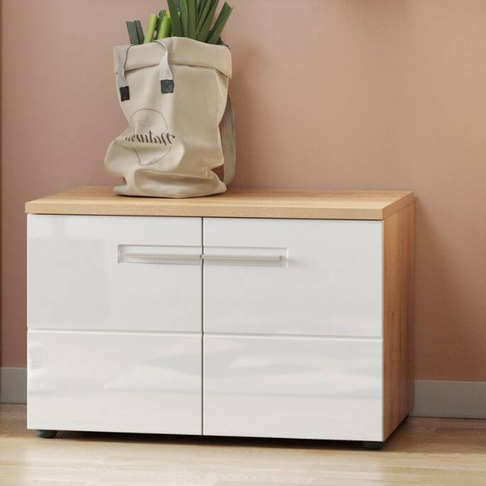 Banc à chaussures contemporain en chêne et blanc